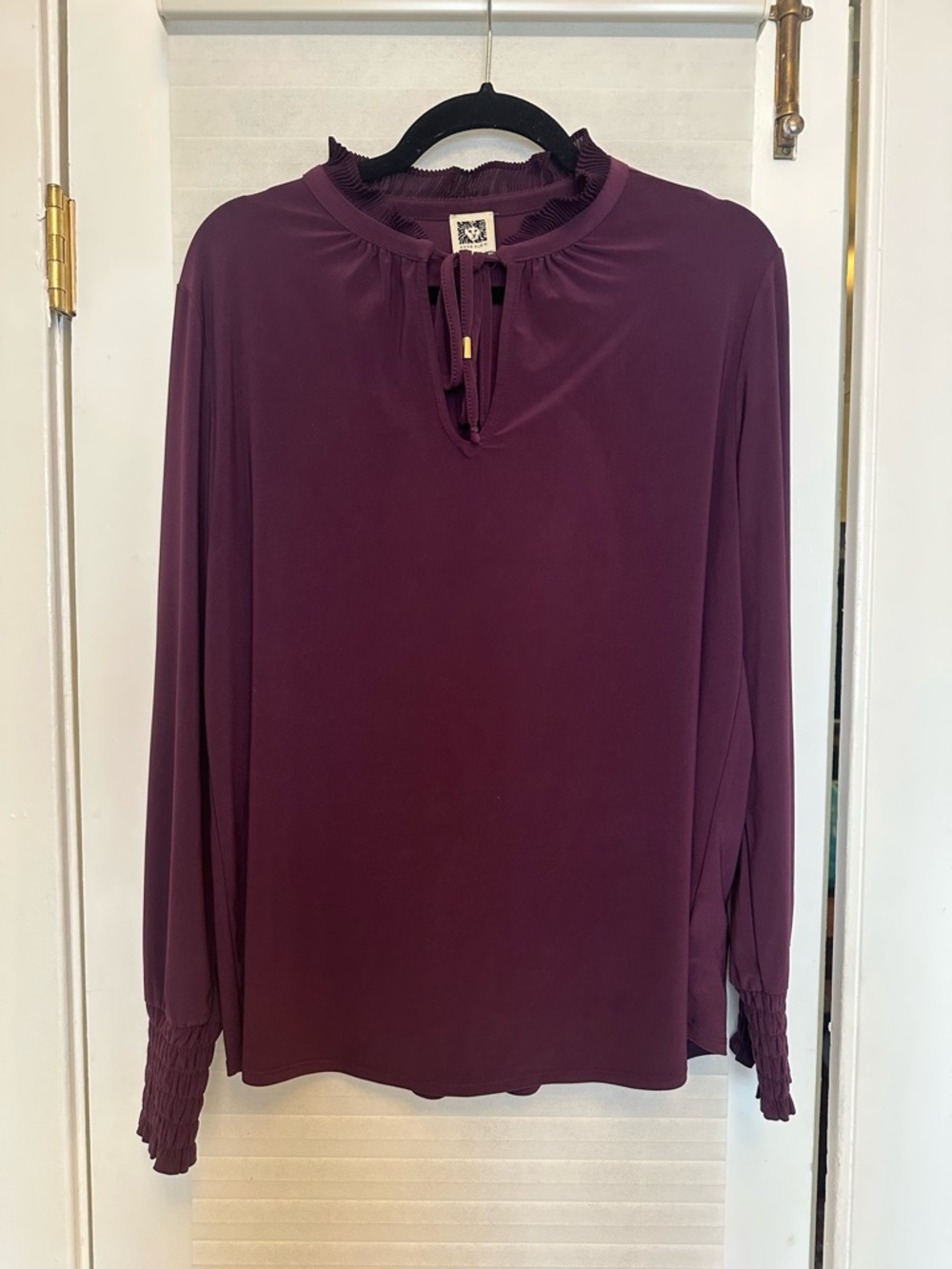 Anne Klein Plum Long-Sleeve Ruffle Neck Blouse